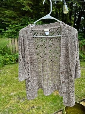 Daytrip Taupe Open-Knit Short Sleeve Cardigan with sequins
